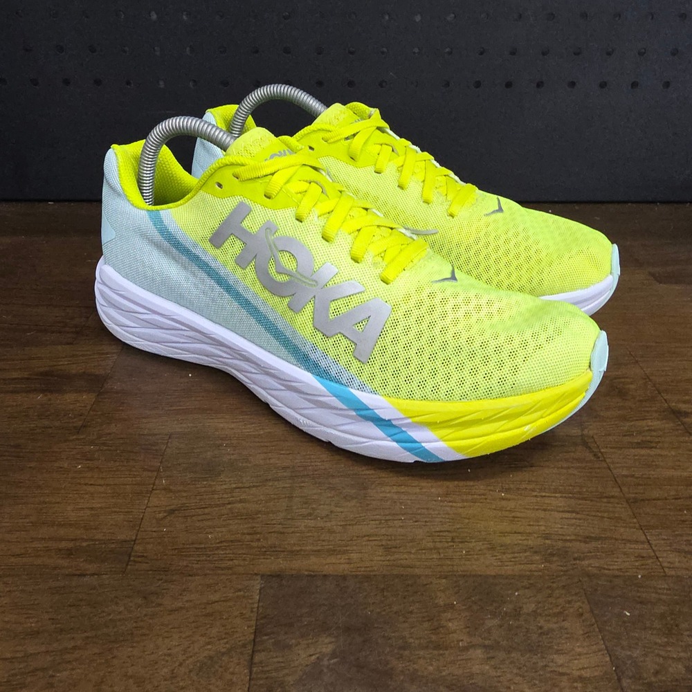 Hoka Rocket X Running Shoes Mens 8.5 Yellow Blue 1113532 Low Top Mesh Carbon